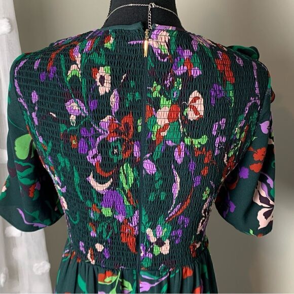 Kate Spade Fleur Nouveau dark green‎ floral smocked ruffle mini dress size 0 - Picture 9 of 17